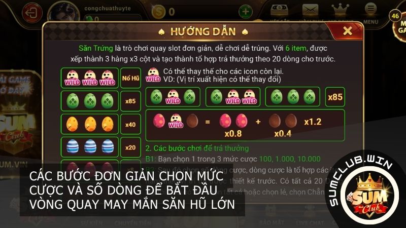 Các bước đơn giản chọn mức cược và số dòng để bắt đầu vòng quay may mắn săn hũ lớn